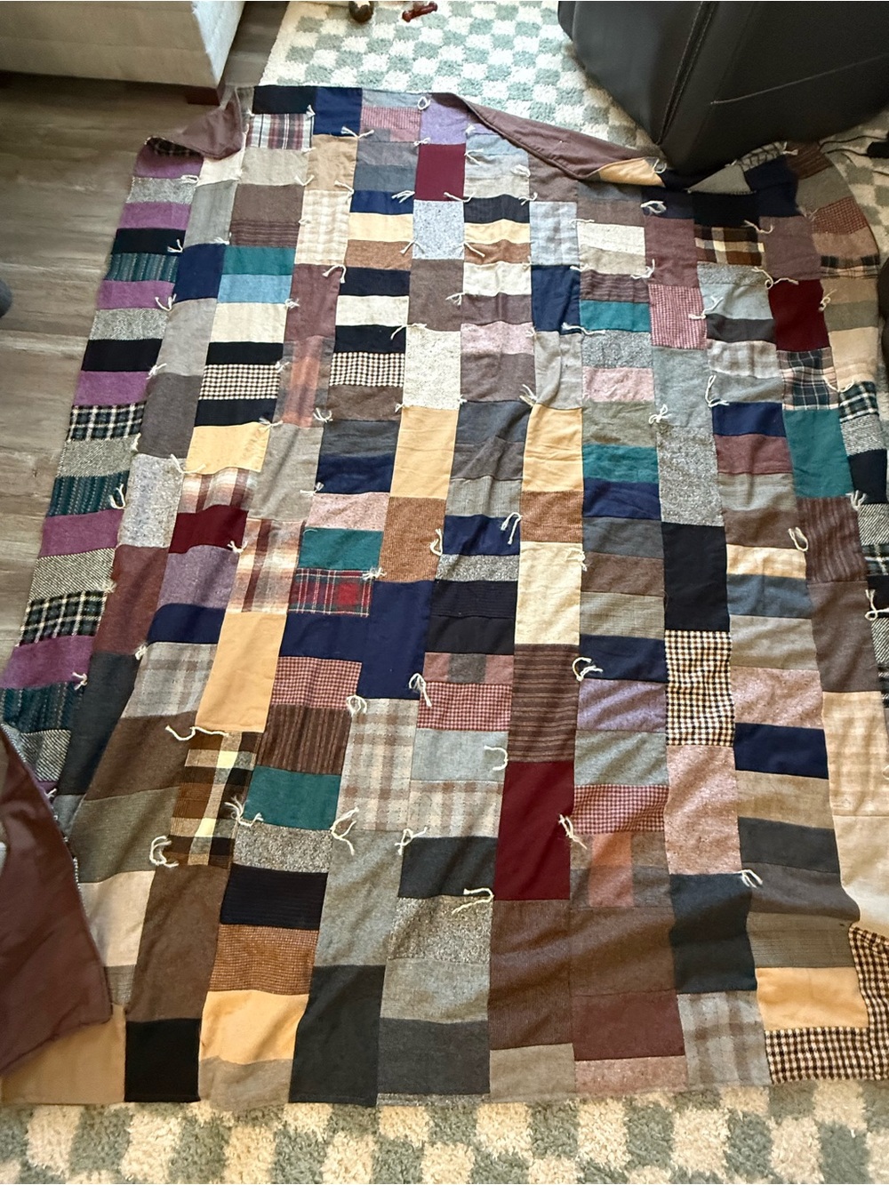 Vintage Wool Patchwork Crazy Quilt Hand Stitched Patchwork King Size 100 x 70